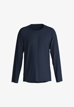 Donkerblauwe langemouw t-shirt van zacht, rekbaar materiaal met een ronde hals en een relaxte pasvorm. Gladde textuur, minimale stikdetails.