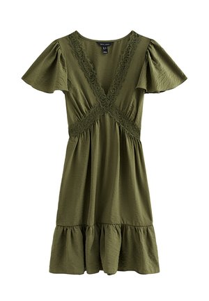 New Look, DARK KHAKI CRINKLE TEXTURE LACE TRIM V NECK MINI DRESS - Freizeitkleid - khaki