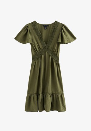 New Look, DARK KHAKI CRINKLE TEXTURE LACE TRIM V NECK MINI DRESS - Freizeitkleid - khaki