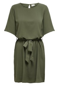 Oliivinvihreä, lyhythihainen mekko, jossa on pyöreä pääntie ja avara selkä, vyötäröllä vyö ja textured-kangas.
