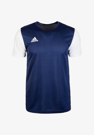 Granatowa koszulka sportowa z białymi krótkimi rękawami, wykonana z gładkiego materiału. Posiada haftowane logo Adidas na lewym piersi.