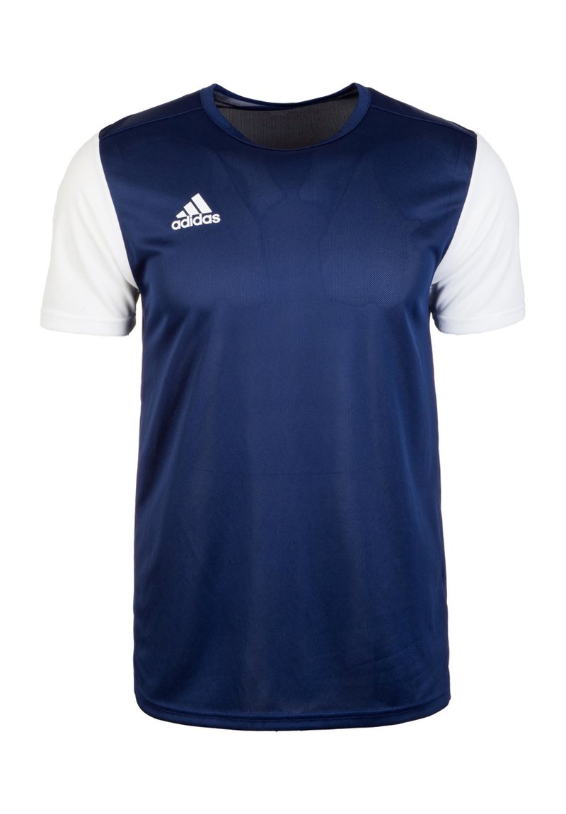 Marineblaue Sport-T-Shirt mit weißen kurzen Ärmeln, aus glattem Stoff gefertigt. Mit einem gestickten Adidas-Logo auf der linken Brust.