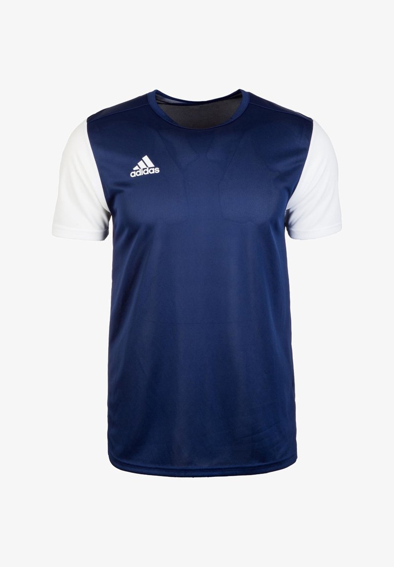 Marineblaue Sport-T-Shirt mit weißen kurzen Ärmeln, aus glattem Stoff gefertigt. Mit einem gestickten Adidas-Logo auf der linken Brust.