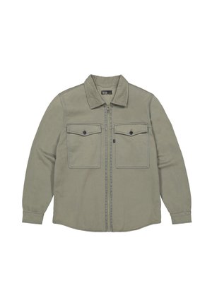 Licht olijfgroene jas van stof, met een ritsluiting, twee borstzakken met kleppen en contrasterende stiksels.