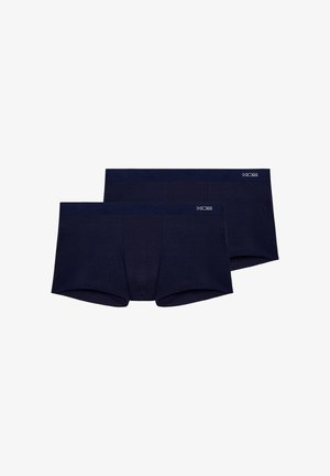 Due paia di boxer da uomo blu scuro con una fascia larga in vita e piccolo logo bianco HOM sul lato sinistro.