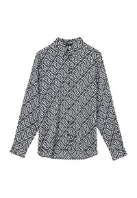 Camicia a maniche lunghe con un motivo a vortice bianco e nero, realizzata in tessuto leggero con chiusura a bottoni e colletto.