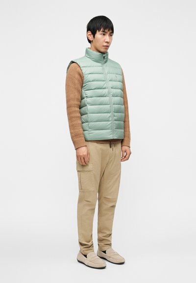 Πράσινο γιλέκο με επένδυση και ψηλό γιακά, καφέ πλεκτό πουλόβερ, μπεζ παντελόνι cargo και ανοιχτόχρωμα παπούτσια. Το γιλέκο διαθέτει οριζόντια ραφή για μόνωση.