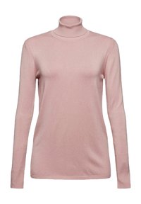 Różowy sweter z golfem wykonany z miękkiej dzianiny. Długie rękawy, dopasowany krój, ściągacze na mankietach i dole. Gładka faktura z minimalnymi zdobieniami.