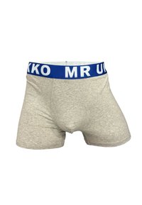 Grå kalsonger med en blå midjeband där vit text "MR UN" finns. Tyget verkar elastiskt med en slät yta, designad för komfort.