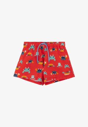 Pantalones cortos de natación para niños en rojo con cordón azul y cangrejos de dibujos animados en azul, naranja y verde azulado dispersos por todo el tejido.