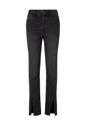 Black denim jeans with a straight fit, featuring ankle slits, classic five-pocket design, and a front button closure.