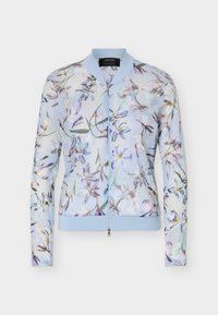 Ανοιχτό μπλε bomber μπουφάν με φερμουάρ, με ριμπ γιακά και μανσέτες, που διαθέτει λεπτό πολύχρωμο λουλουδάτο μοτίβο σε διαφανές ύφασμα.
