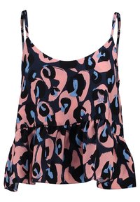 Haut sans manches en rose, noir et bleu avec un imprimé animal abstrait ; il présente un design évasé fluide et des bretelles fines et réglables.