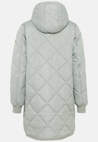 Manteau matelassé léger gris clair avec capuche, présentant des motifs en diamant, des poignets élastiques et une texture lisse et brillante. Vue arrière affichée.