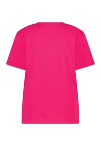 T-shirt rose vif à manches courtes et col rond vu de dos sur un fond blanc.