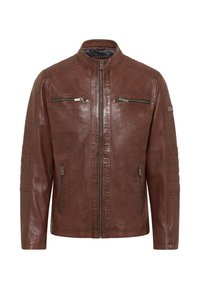 Braune Lederjacke mit Stehkragen, Reißverschluss vorne, zwei Brusttaschen und strukturierten Schulterakzenten. Glatte Oberfläche mit strukturiertem Design.