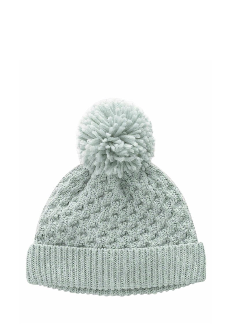 Berretto lavorato a maglia verde chiaro con un motivo testurizzato e un grande pompon in cima. Il risvolto a coste alla base aggiunge dettaglio e texture.