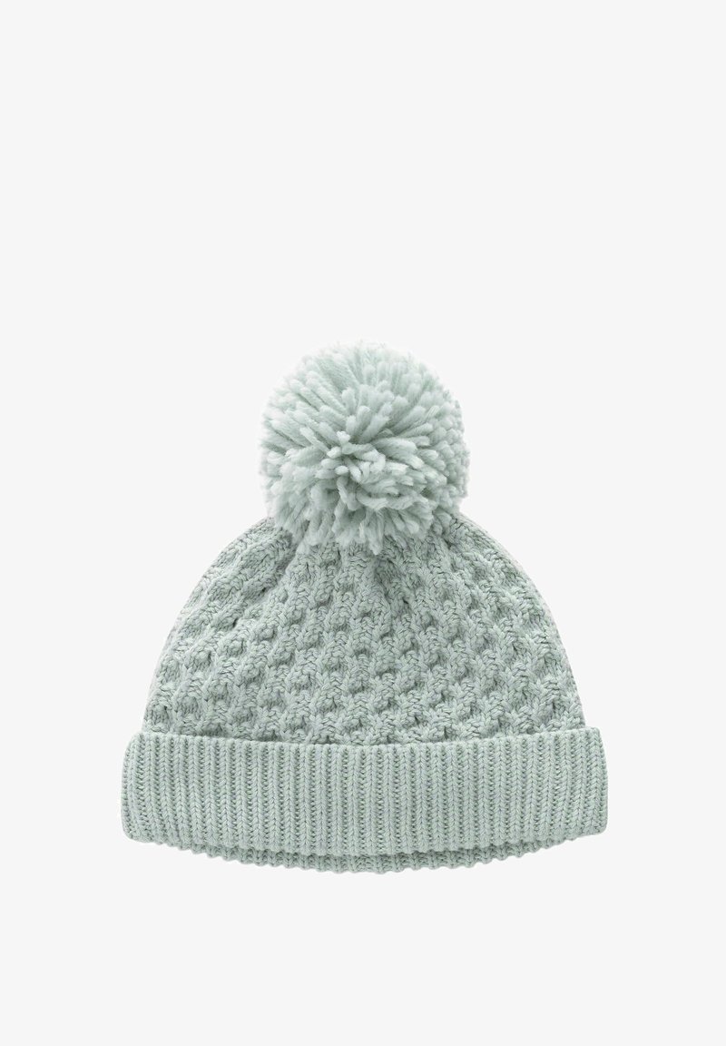 Svijetlozelena pletena kapa s teksturiranim uzorkom i velikom pom-pom pom pom na vrhu. Rebrasti rub na dnu dodaje detalj i teksturu.