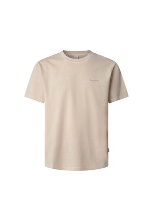 Bežinis medvilninis marškinėliai su apvalia apykakle, trumpomis rankovėmis ir minimalistiniu logotipo siuvinėjimu kairėje krūtinės pusėje. Minkšta tekstūra, standartinė pašalpa.