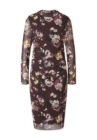 Robe ajustée à manches longues en bourgogne foncé avec un imprimé floral en violet, jaune et blanc. Tissu transparent avec un léger brillant et col rond.