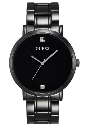 Black stainless steel watch with a round face, black dial, silver hour markers, and a metal link bracelet. Features minimalist design.