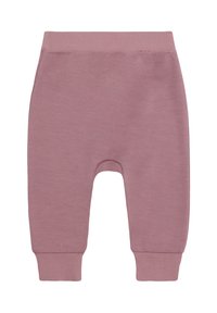 Weiche mauvefarbene Babypants mit geripptem Bund und Bündchen, aus glattem Material gefertigt, das für Komfort und Bewegungsfreiheit sorgt.