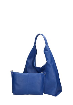 Set di borse in pelle blu che include una grande borsa hobo con una superficie liscia e una piccola pochette con zip. Entrambi hanno una finitura opaca.