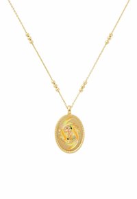 Gold-tone necklace with an oval pendant featuring a painted design in yellow and pink, embellished with small black and green accents.