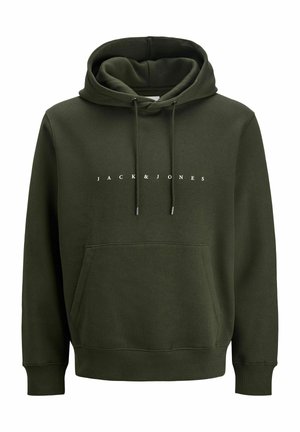 Haut à capuche vert foncé en tissu doux, avec une poche kangourou à l'avant, un cordon de serrage pour la capuche et un logo de marque blanc sur la poitrine.