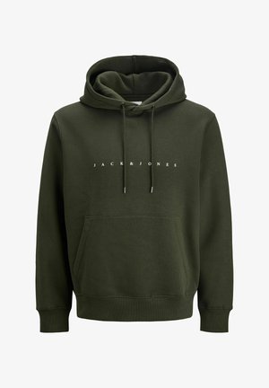 Dunkelgrüner Hoodie aus weichem Stoff, mit einer vorderen Kängurutasche, verstellbarem Kapuzenzug und weißem Markenlogo auf der Brust.