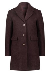 Abrigo de lana en un tono malva oscuro, con cuello con muescas, cuatro botones, dos bolsillos con solapa y acabado de tejido texturizado.