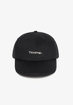 Black baseball cap made of fabric featuring white embroidered text "Thinking..." on the front. Structured design with a curved visor.