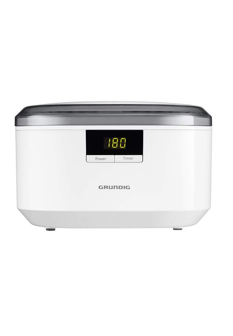 Robot culinaire blanc avec un couvercle gris, affichage numérique indiquant "180" et panneau de boutons étiqueté "Alimentation" et "Minuteur". Design lisse et rectangulaire.