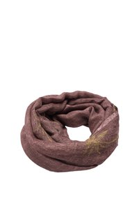 Miękki muślinowy szalik w kolorze mauve z delikatnymi żółtymi wzorami liści paproci, ułożony w luźną okrągłą pętlę na białym tle.