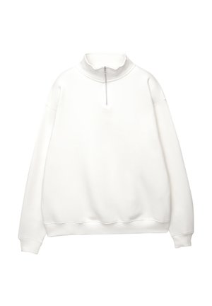 Biely pulóver s dlhým rukávom, rebrovanými manžetami a lemom, s vysokým golierom a predným štvrťovým zipsom.