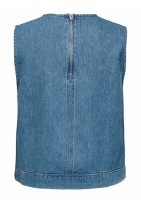 Veste en denim bleu sans manches avec fermeture éclair au dos et couture simple le long de l'ourlet et des coutures.