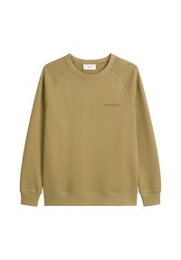 Khaki sweatshirt met raglanmouwen, ronde hals, ribgebreide manchetten en zoom. Bevat subtiele branding aan de voorkant in een donkerdere tint.