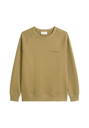 Khaki sweatshirt met raglanmouwen, ronde hals, ribgebreide manchetten en zoom. Bevat subtiele branding aan de voorkant in een donkerdere tint.