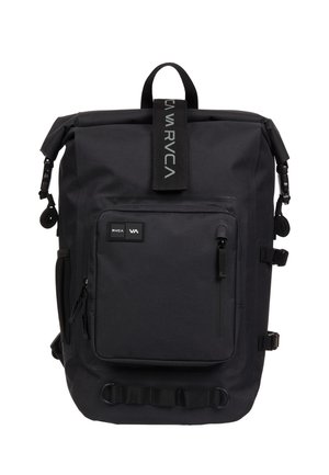 Black rectangular backpack with top handle, front zip pocket, adjustable side straps, and RVCA logo on front and handle strap.