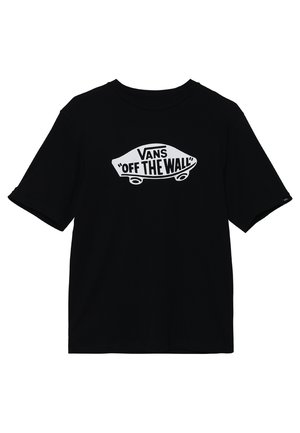 Camiseta de algodón negra con mangas cortas, que presenta un gráfico blanco de "VANS OFF THE WALL" en forma de patineta.