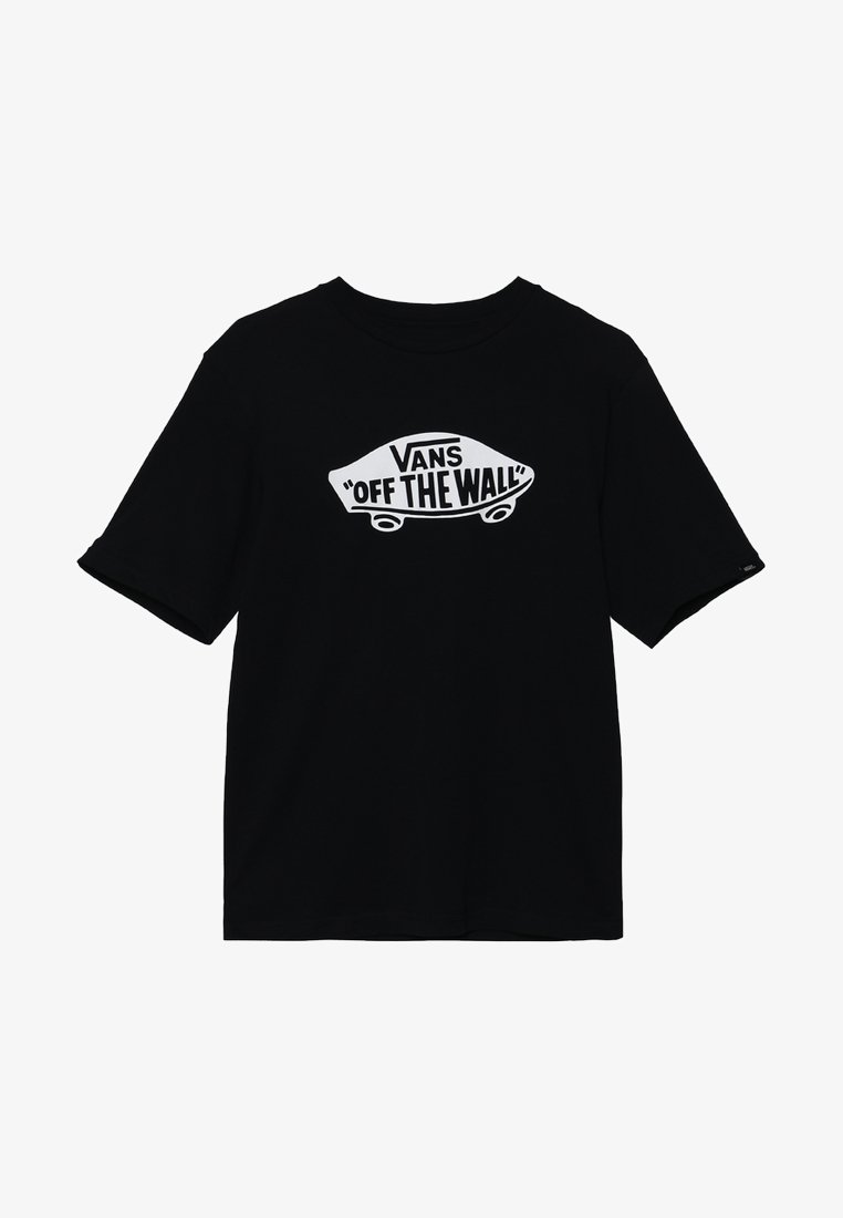 Camiseta de algodón negra con mangas cortas, que presenta un gráfico blanco de "VANS OFF THE WALL" en forma de patineta.