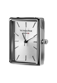 Rechteckige Armbanduhr aus Edelstahl mit silbernem Ziffernblatt, schwarzen Stunden- und Minutenzeigern sowie minimalistischen Indizes. Verfügt über eine seitliche Krone zur Einstellung.