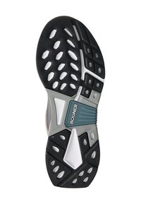 Skoesål med segmenteret gummimønster, der har en sort base, hvide accenter og en teal-farvet mærkeafdeling for fleksibilitet og greb.