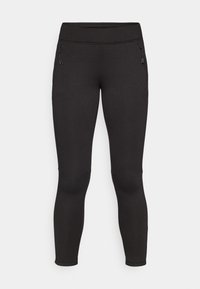 Svarta atletiska leggings med en slät yta, elastisk midjeresår och två fickor med dragkedja på sidorna. Kroppsnära design och full längd.