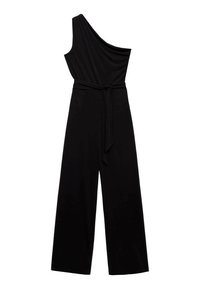 Combinaison noire à épaule unique avec un décolleté drapé, une conception à jambes larges et une ceinture en tissu assortie à la taille. Texture lisse et sans motifs.