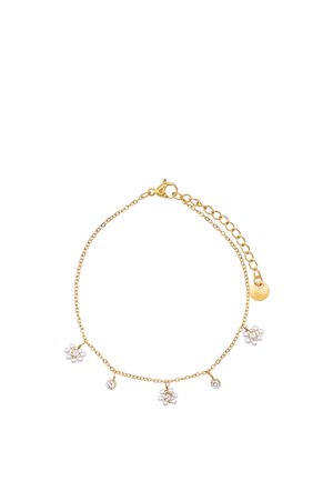Delikatna złota bransoletka z łańcuszka z regulowanym zapięciem, z naprzemiennie małymi przejrzystymi kamieniami szlachetnymi i zawieszkami w kształcie kwiatów z pereł.
