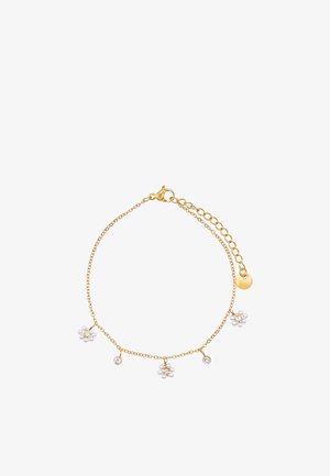 Bracelet délicat en chaîne d'or avec fermoir ajustable, comprenant des petites pierres précieuses claires alternées et des breloques en forme de fleurs en grappes de perles.