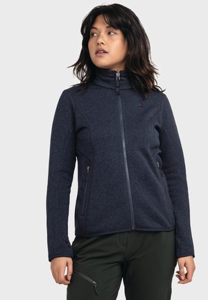 Marineblaue Fleecejacke mit hohem Kragen, durchgehendem Reißverschluss und seitlichen Reißverschlusstaschen; strukturiertem Stoff und taillierter Passform.