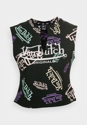 Černý bezrukávový top s výstřihem ve tvaru klíčové dírky, zdobený smíšeným vzorem log "Von Dutch" v pastelových barvách a metalickými akcenty.