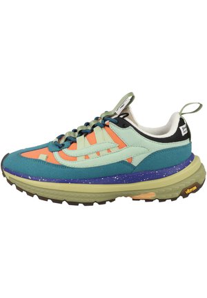 Multicolored sneaker featuring a teal suede upper, orange and mint accents, a chunky purple midsole, and a rugged outsole with black and yellow details.